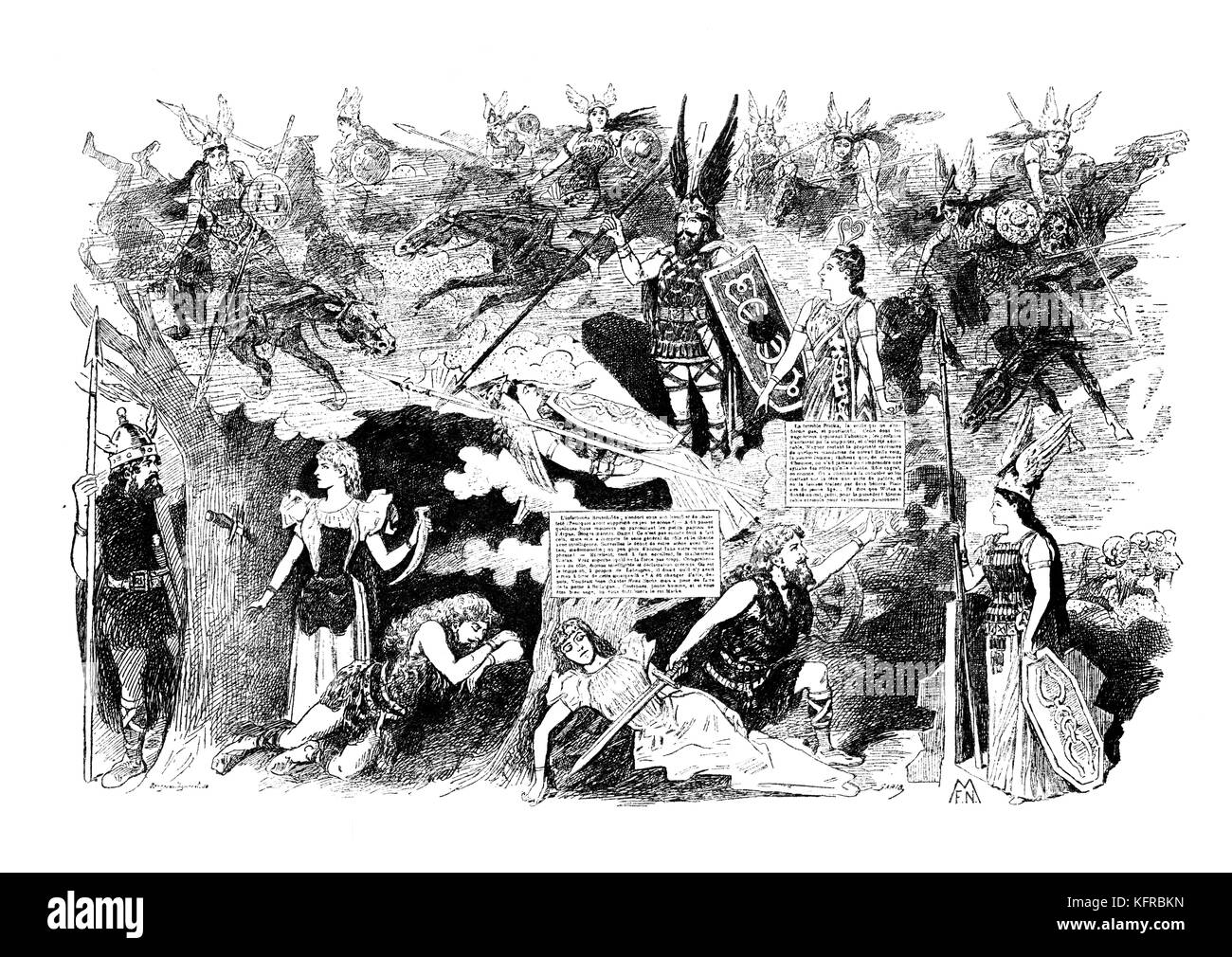 Die Walküre (La Walkyrie), par Wagner ( deuxième des quatre opéras dans Der Ring des Nibelungen cycle) Caricature du journal satirique français La Vie Parisienne 20 mai 1893. Sous-titre suivant : 'Wal-ki-dor et Wal-ky-régie'. Compositeur allemand d'auteur, 22 mai 1813 - 13 février 1883. Banque D'Images