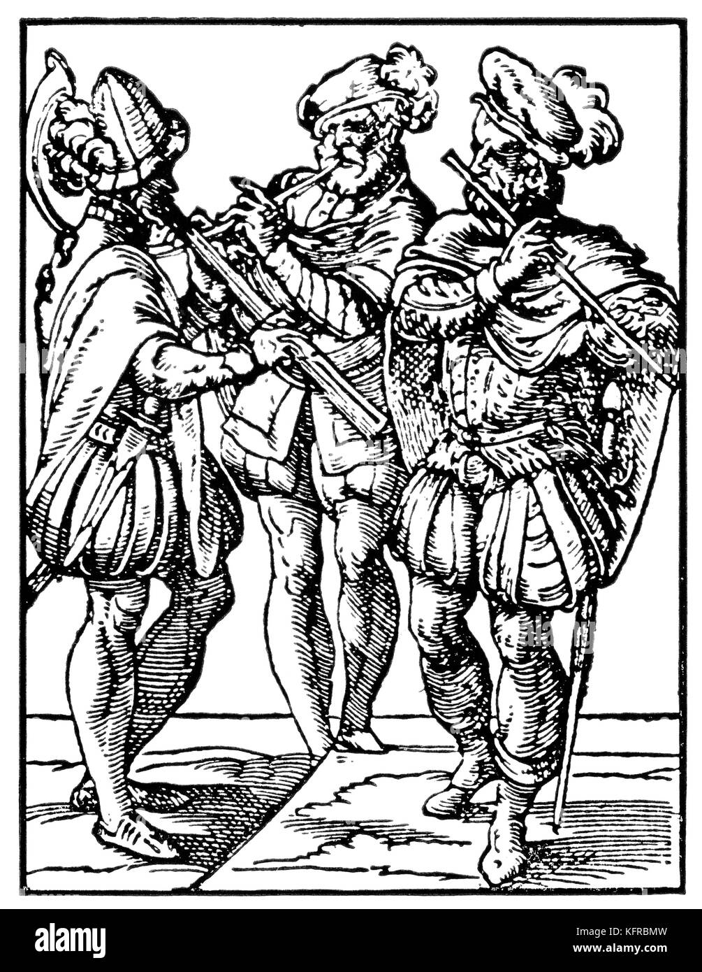 Trois joueurs du vent - droites et courbes Zinke (ou cornets) et flûte traversière. du livre des métiers / Das (Standebuch Panoplia omnium illiberalium mechanicarum...), Collection de gravures sur bois de Jost Amman (13 juin 1539 au 17 mars 1591), 1568 avec rhyme de Hans Sachs (5 novembre 1494 - 19 janvier 1576) Banque D'Images