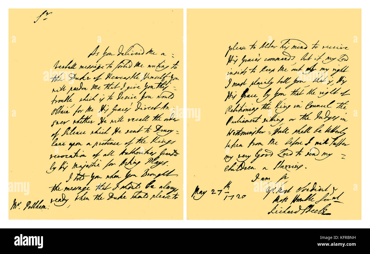 Manuscrit : Lettre de sir Richard Steele à Henry Pelham, secrétaire de Thomas Pelham-Holles, duc de Newcastle, désireux de savoir si le duc se souviendront de l'ordre de silence imposée à Drury Lane Theatre. La lettre comporte une menace de procédure dans la défense de ses droits en tant que gestionnaire en vertu d'un brevet royal. 27 mai 1720. Écrivain et homme politique irlandais. 12 mars 1672 - 1er septembre 1729. Signé : Sir Richard Steele. Source : British Museum. Banque D'Images