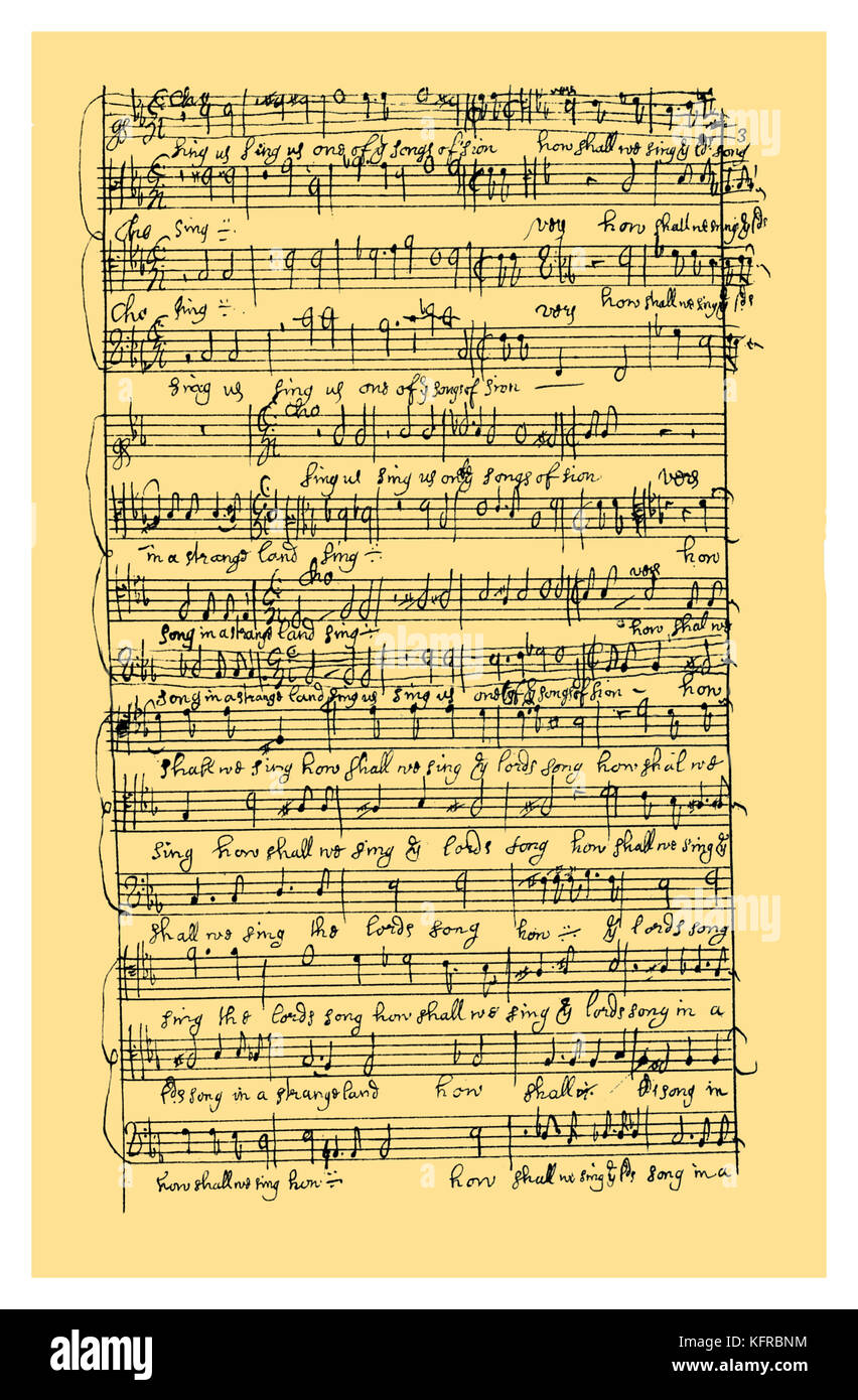 Manuscrit : vocal score par Henry Purcell, de l'hymne "par les eaux de Babylone', probablement composée avant 1683. Le score est fondé sur un hymne plus tôt par Pelham Humfrey, d. 1674. Organiste et compositeur baroque anglais de la musique sacrée et profane, 10 septembre 1659 - 21 novembre 1695. Source : British Museum. Banque D'Images
