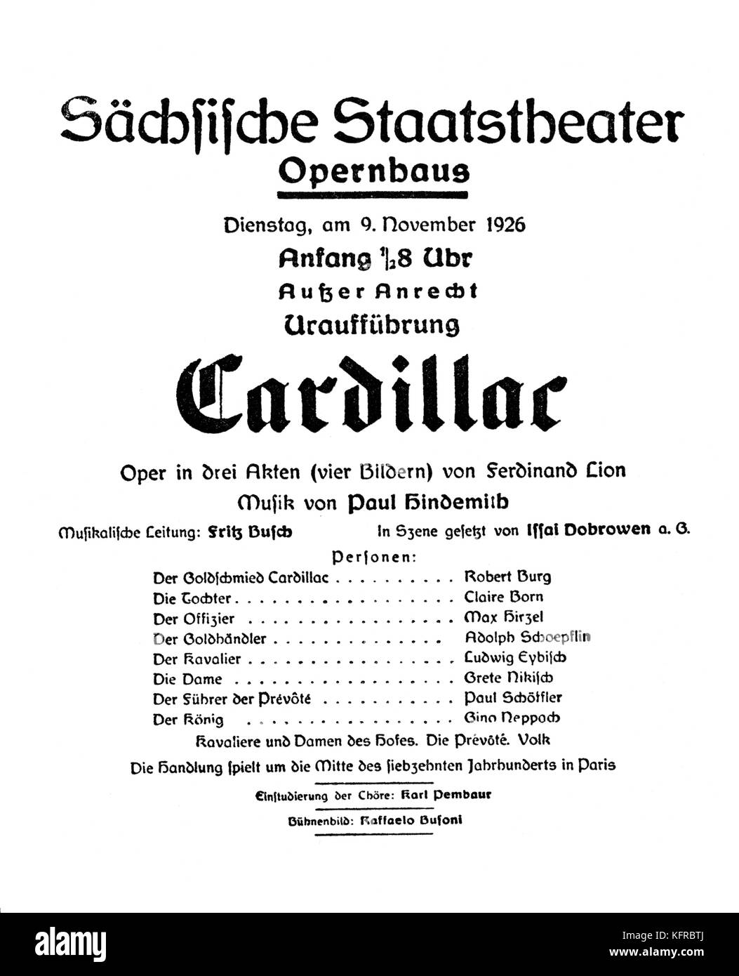 Paul Hindemith Cardillac ''S' - Billet de théâtre pour Premiere à Dresde, en 1926. Violoniste allemand, altiste, compositeur, professeur et chef d'orchestre, 16 novembre 1895 - 28 décembre 1963. Banque D'Images
