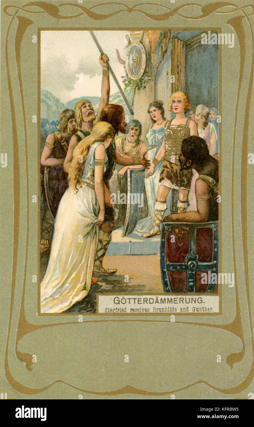 Götterdämmerung de Wagner - illustration. Richard Wagner, compositeur allemand & Auteur : 22 mai 1813 - 13 février 1883. Illustration de la réception de Brunhilde et Gunther. À partir de l'opéra 'Götterdämmerung' ('Le Crépuscule des dieux"), la troisième de la tétralogie "Der Ring des Nibelungen (L'Anneau du Nibelung, l'Anneau des Nibelungen, le cycle). Banque D'Images