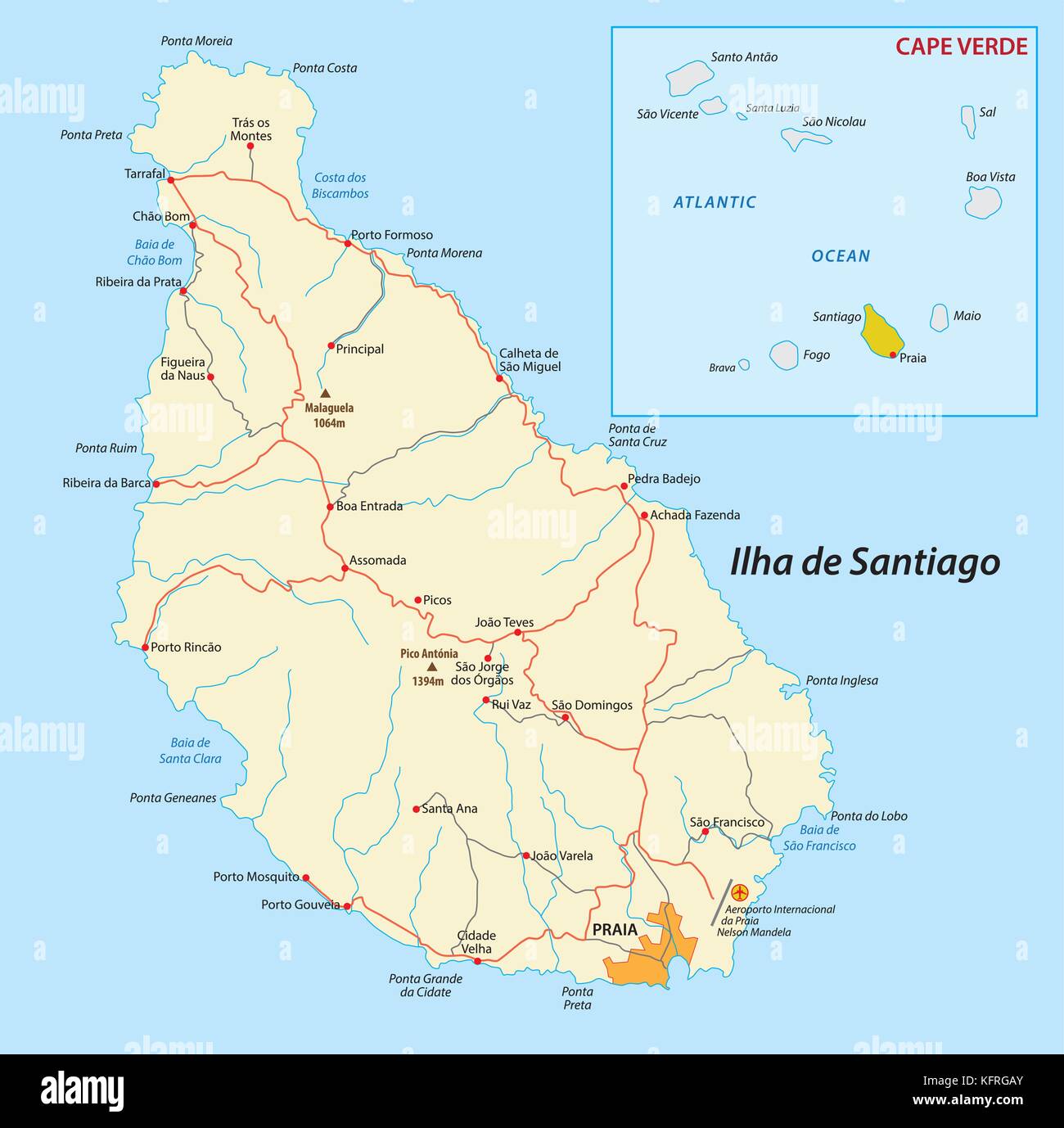 L'île de Santiago, Cap-Vert carte vectorielle Illustration de Vecteur