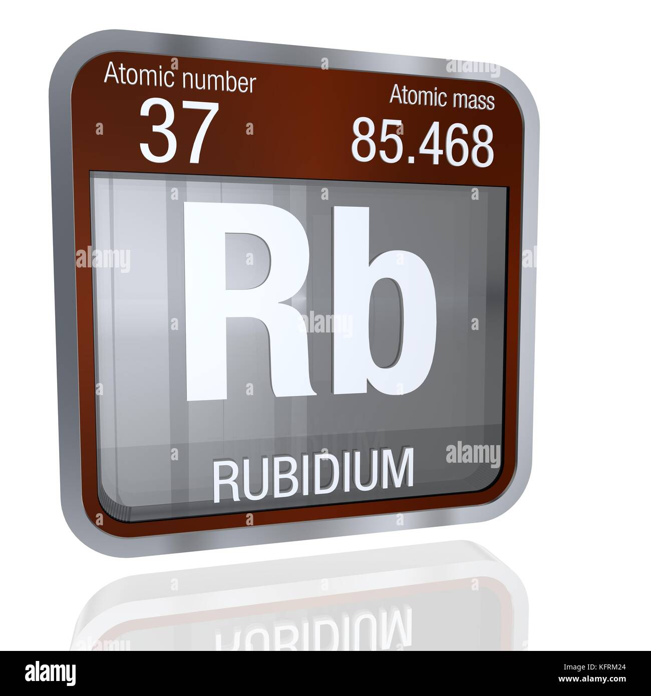 Symbole rubidium en forme carrée avec bordure métallique et fond transparent avec réflexion sur le sol. Rendu 3D. Numéro d'élément 37 du PER Banque D'Images