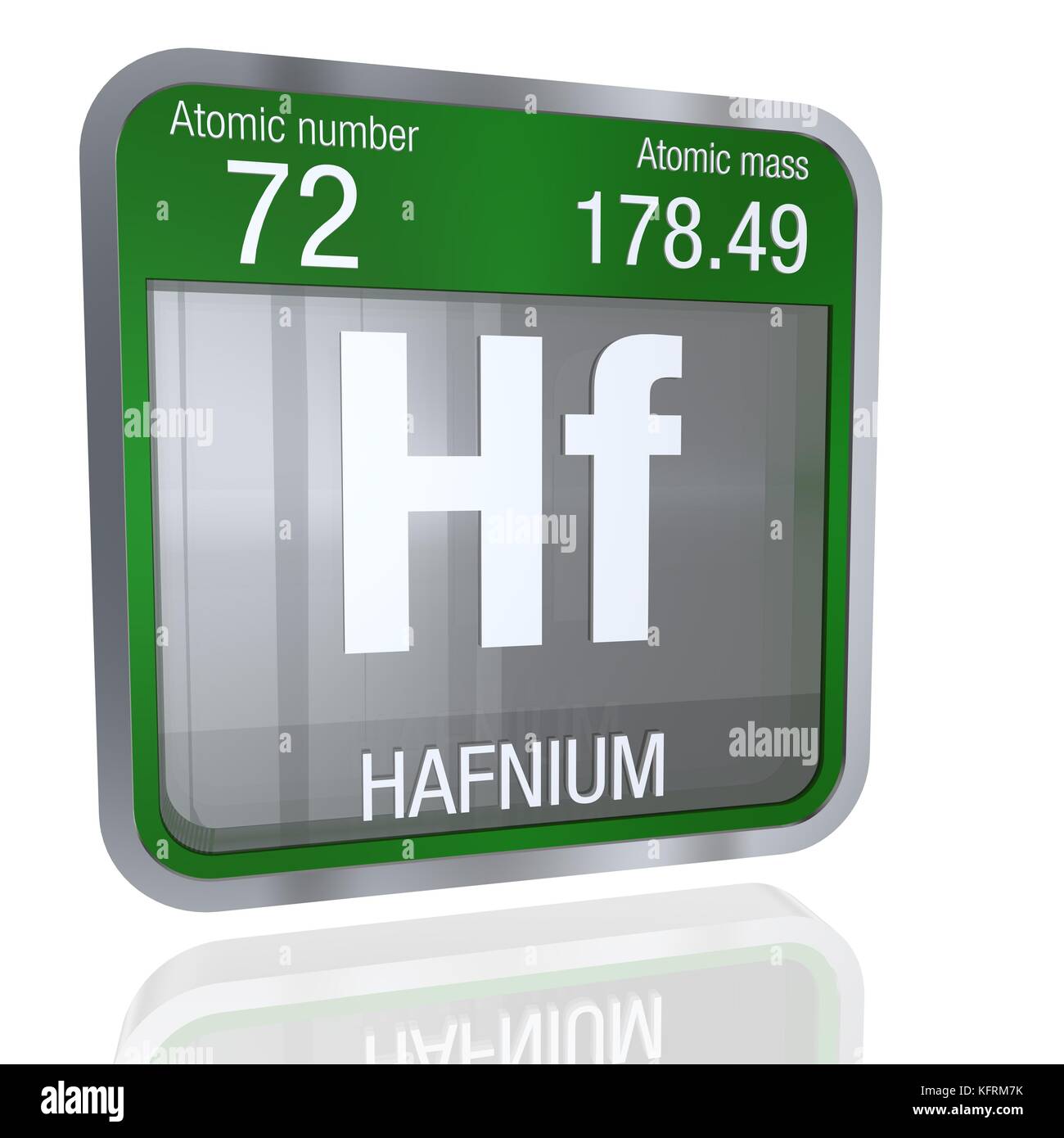 Symbole hafnium de forme carrée avec bordure métallique et fond transparent avec réflexion sur le sol. Rendu 3D. Élément numéro 72 du Peri Banque D'Images