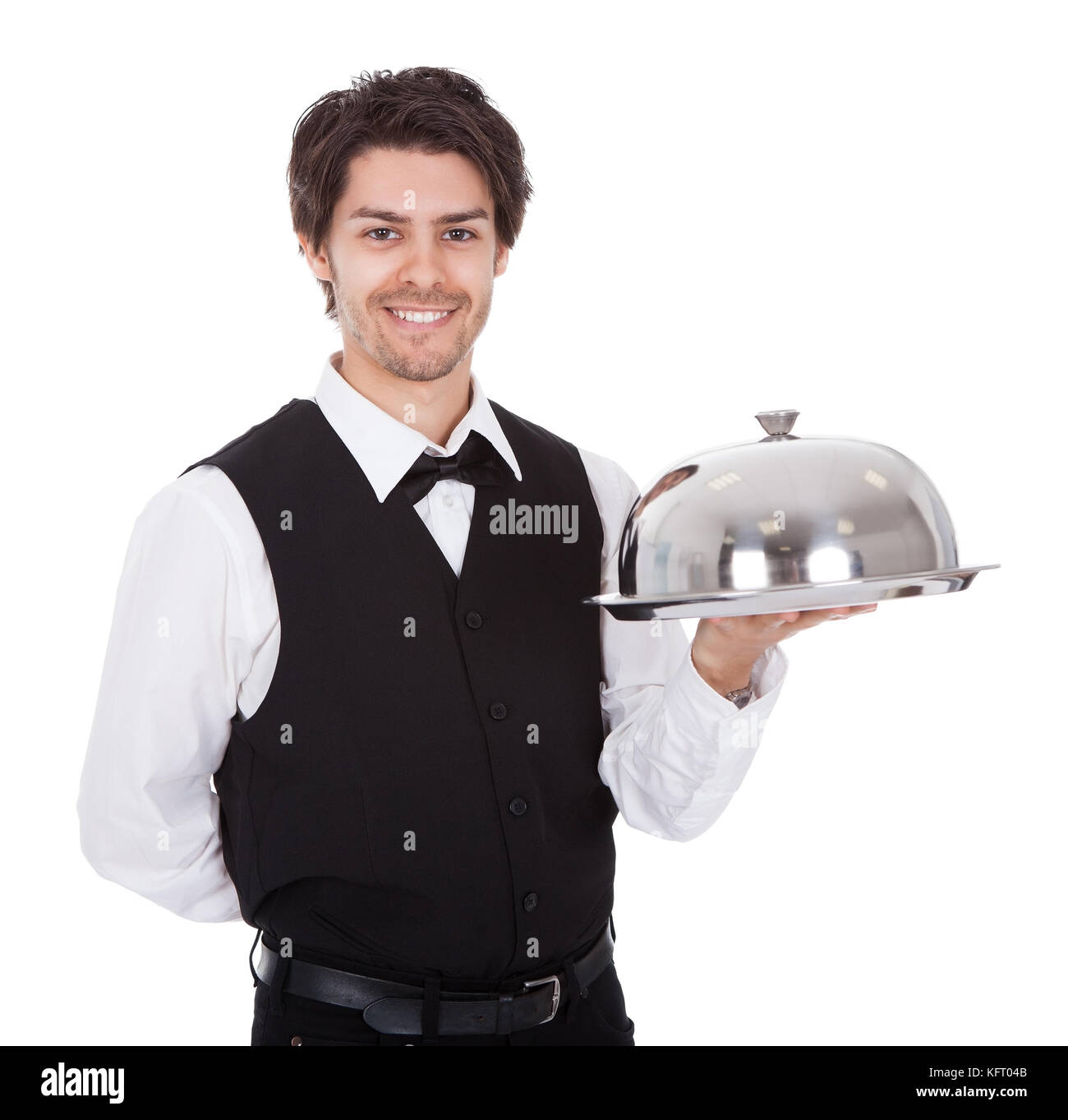 Portrait d'un majordome avec papillon et bac. Isolated on white Banque D'Images