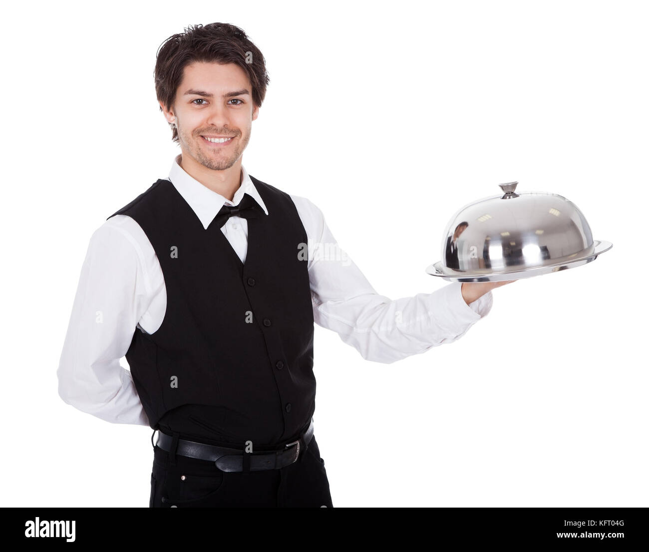 Portrait d'un majordome avec papillon et bac. Isolated on white Banque D'Images