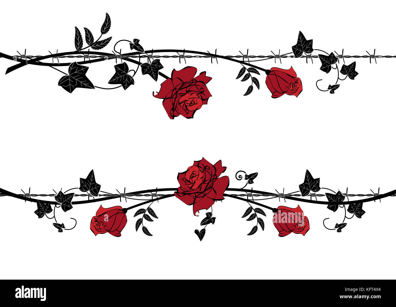 Set de diviseurs de rose et de lierre avec des barbelés en noir, rouge et blanc Banque D'Images