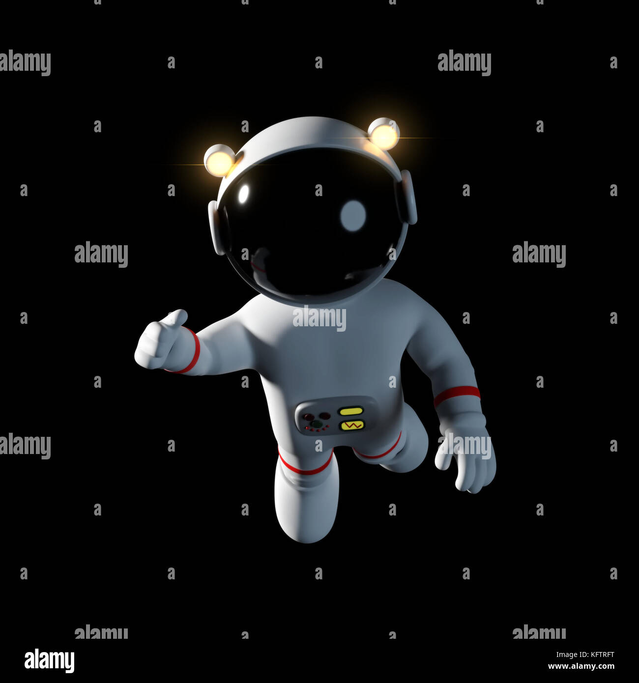 Cute cartoon caractère astronaute dans l'espace blanc costume est flottant dans l'apesanteur de l'espace (3d illustration, isolé sur fond noir) Banque D'Images