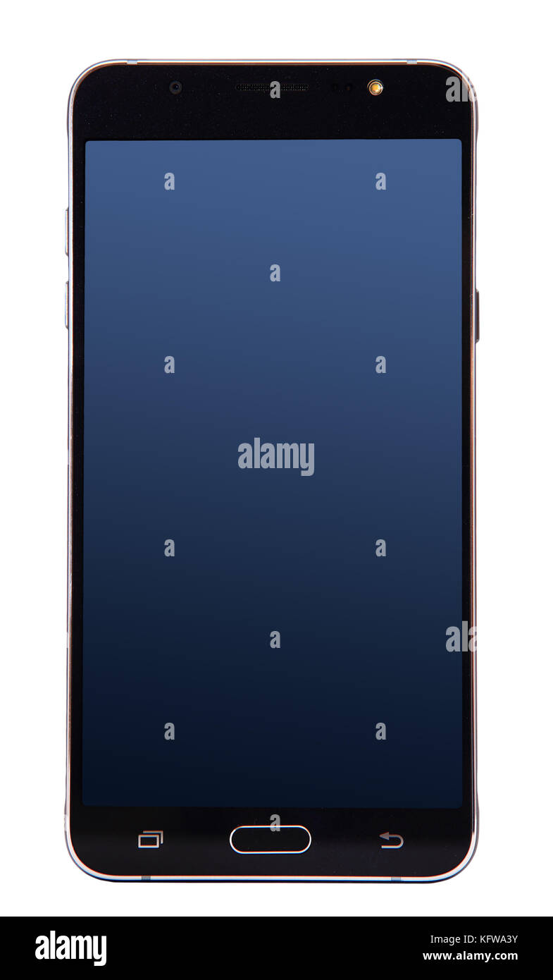 Face avant du nouveau smartphone noir isolée sur fond blanc. Banque D'Images