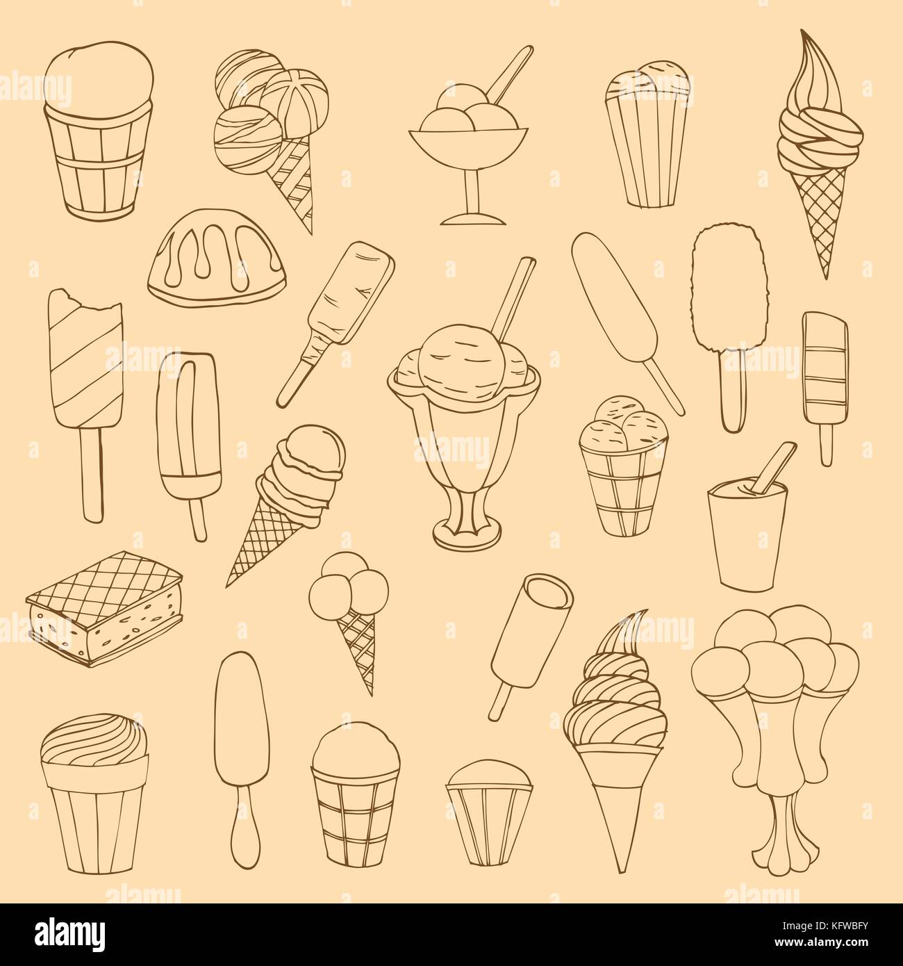 Collection de cute vector hand drawn cartoon des glaces. cônes et des glaces avec différentes saveurs made in doodle style. Illustration de Vecteur