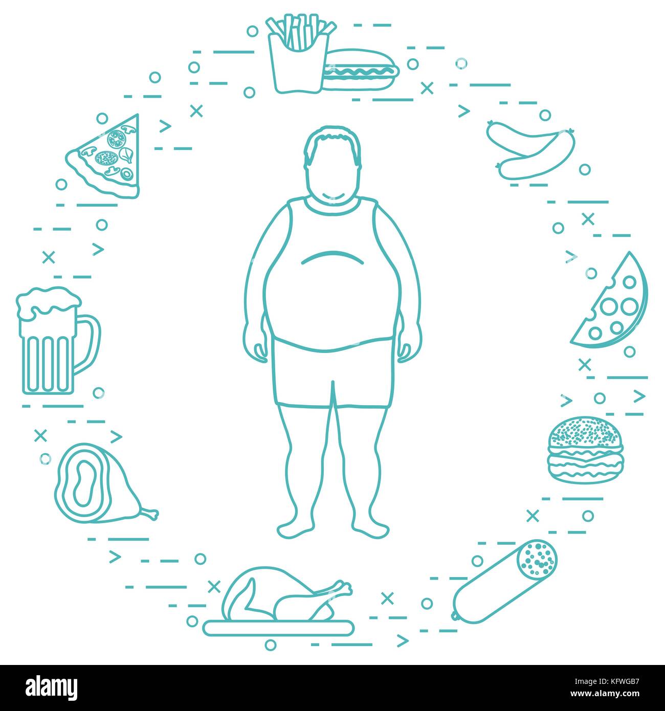 Fat Man avec symboles de vie malsain autour de lui. les habitudes alimentaires. pour la conception et l'impression de bannières. Illustration de Vecteur