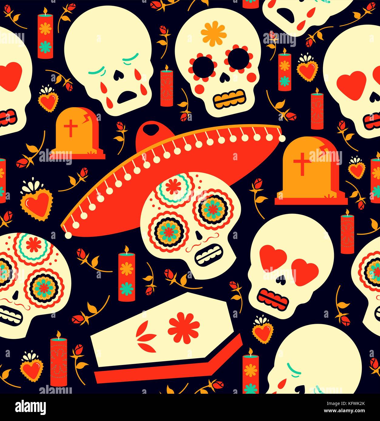 Le jour des morts mexicain motif transparent, crâne en sucre d'art décoration traditionnelle avec emoji. Comprend l'harmonie hat, fleur, et graves des icônes. eps10 vec Illustration de Vecteur