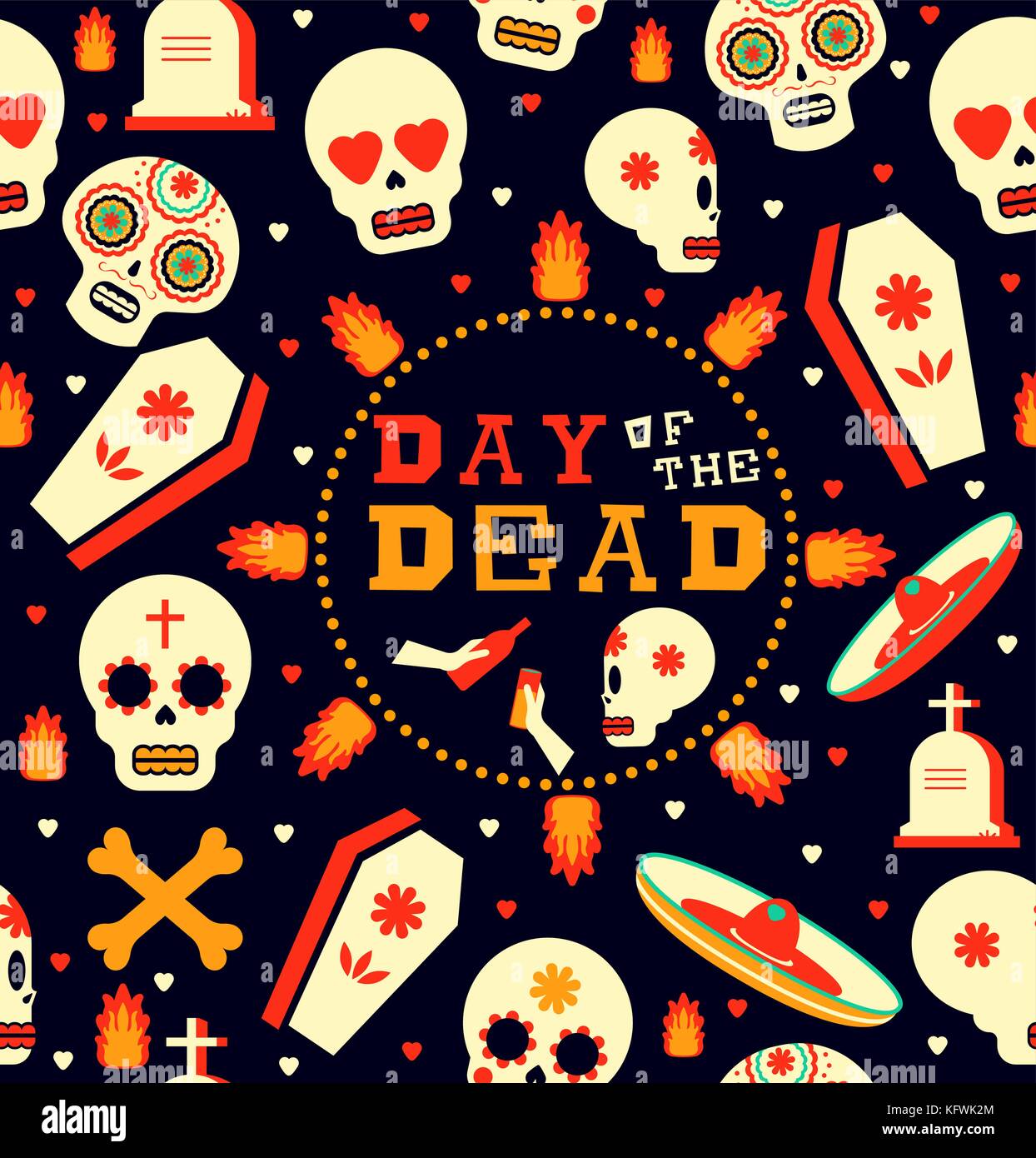 Le jour des morts mexicain motif transparent, crâne en sucre d'art décoration traditionnelle avec emoji. Comprend l'harmonie hat, fire et graves des icônes. eps10 vector Illustration de Vecteur