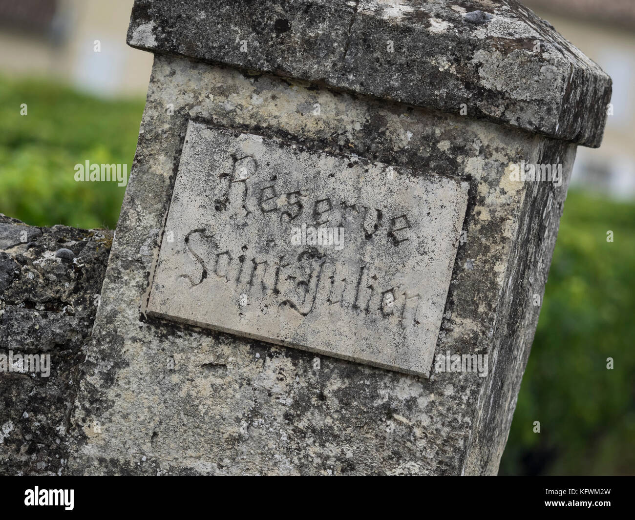 SAINT-EMILION, FRANCE - 07 SEPTEMBRE 2017 : panneau sculpté à l'entrée du vignoble du Clos St Julien. Le Vineyard est un vignoble de Grand cru classe. Banque D'Images