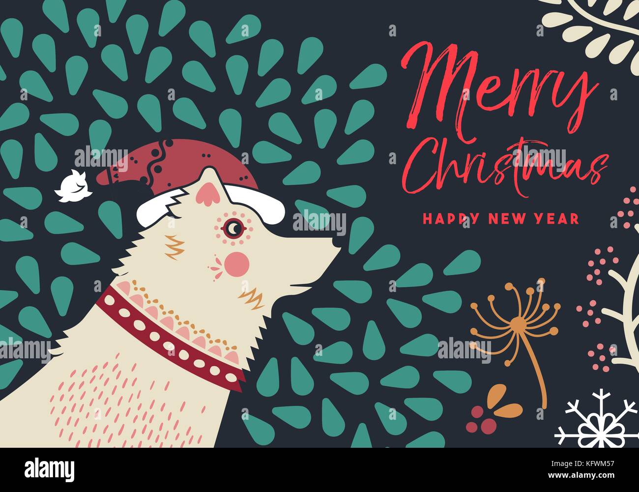 Joyeux noël bonne année Maison de vacances Carte de vœux. illustration portrait de chien avec l'hiver la nature des ornements et typographie devis. eps10 vector. Illustration de Vecteur