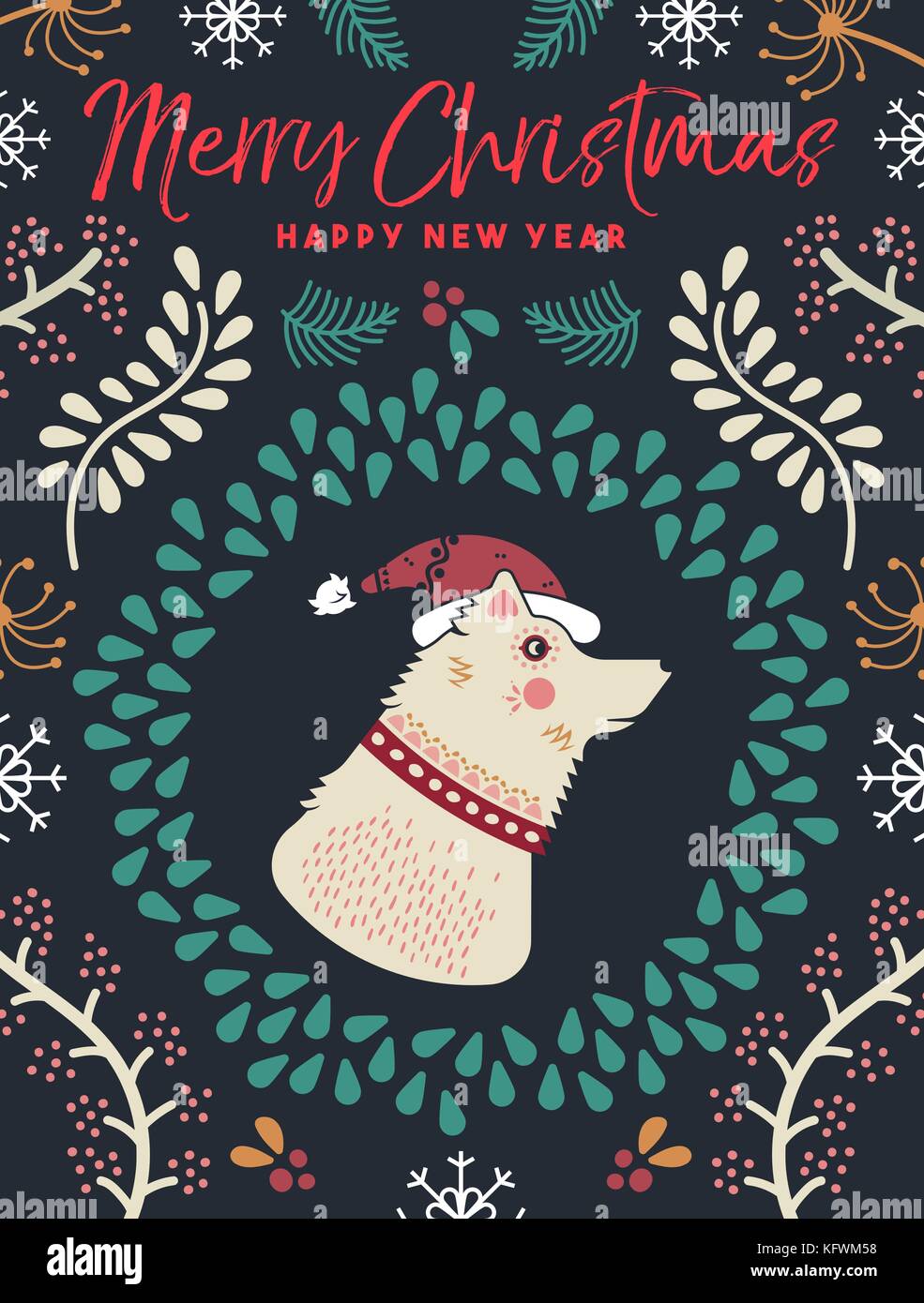 Joyeux noël bonne année Maison de vacances Carte de vœux. illustration portrait de chien avec la nature de l'hiver, les feuilles et fleurs décoration typographie devis. ep Illustration de Vecteur