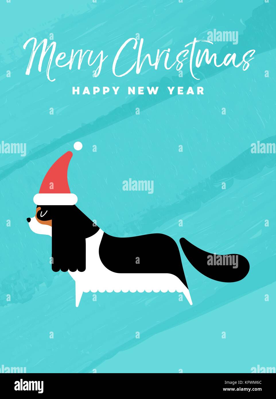 Joyeux Noël et bonne année carte de voeux illustration. funny cavalier king charles spaniel chien avec santa claus hat on colorful textur Illustration de Vecteur