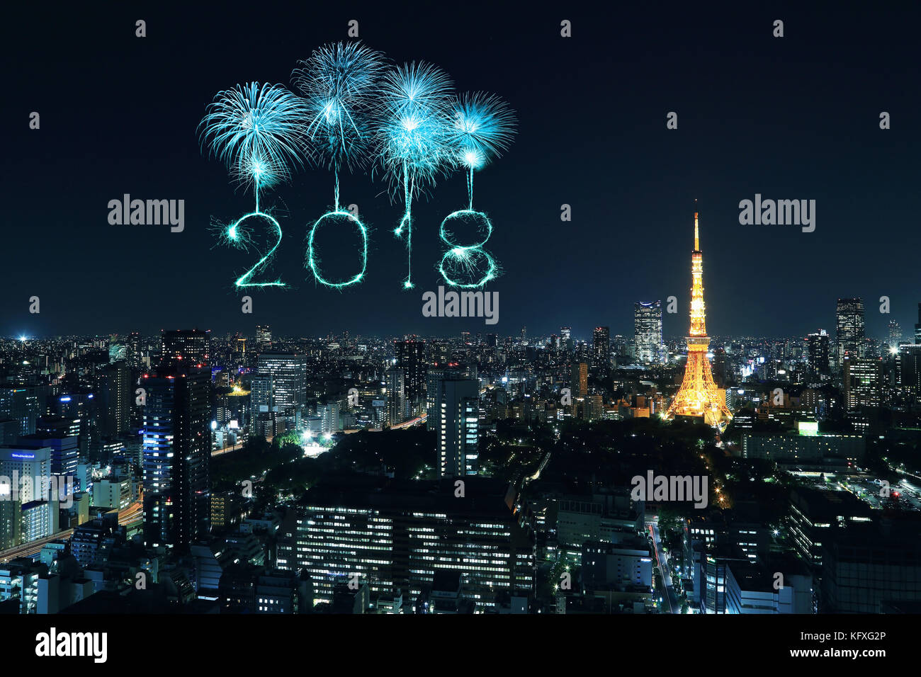 2018 bonne année firework sparkle avec tokyo cityscape at night, Japon Banque D'Images