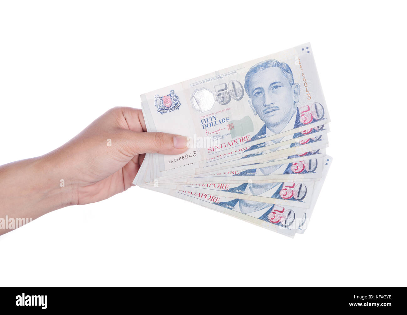 La main avec les billets de dollars de Singapour (SGD 50) isolé sur fond blanc Banque D'Images