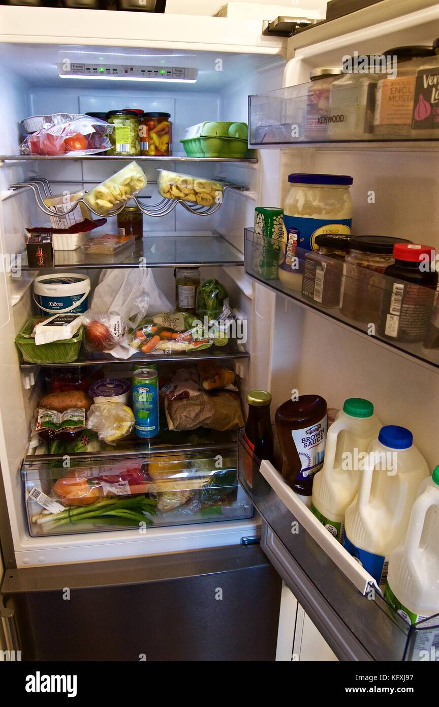 Location de réfrigérateur contenant des produits alimentaires et des boissons, y compris le lait, uk typique d''un réfrigérateur Banque D'Images
