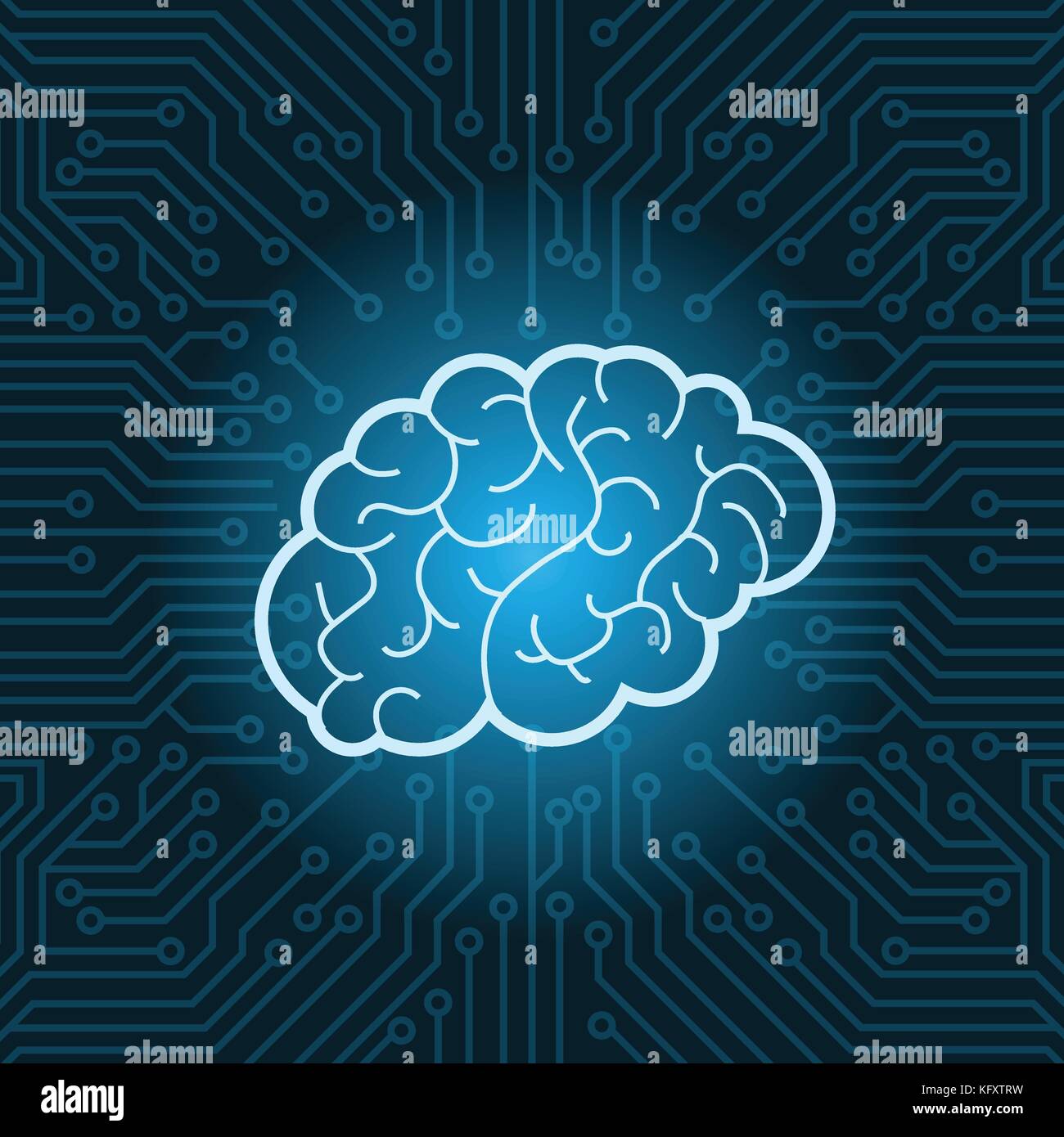 Icône cerveau néon bleu sur fond de carte mère circuit Illustration de Vecteur