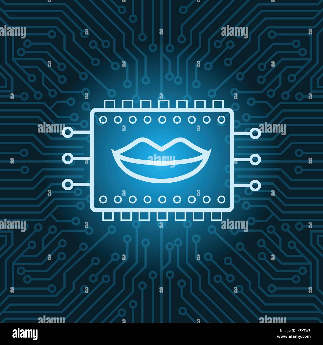 Les droits de l'icône de la bouche sur la puce sur la carte mère du circuit bleu background Illustration de Vecteur