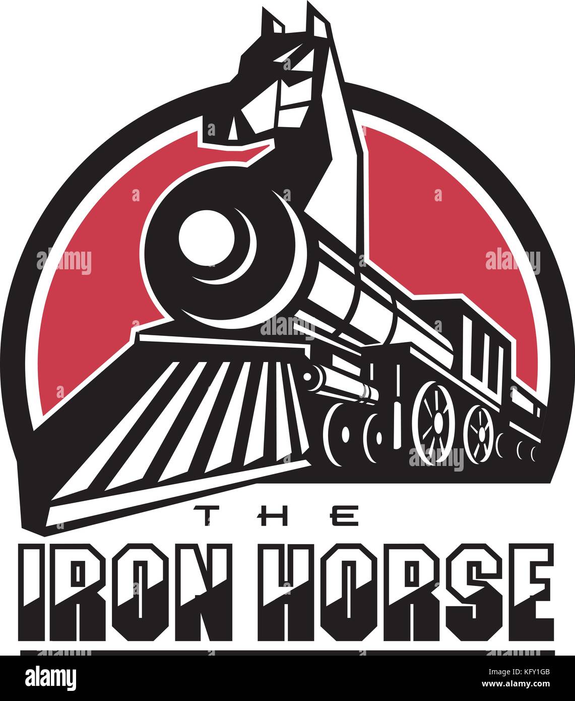 Illustration de style rétro du cheval de fer montrant la tête de cheval en train à vapeur locomotive avec le texte mis à l'intérieur du cercle. Illustration de Vecteur