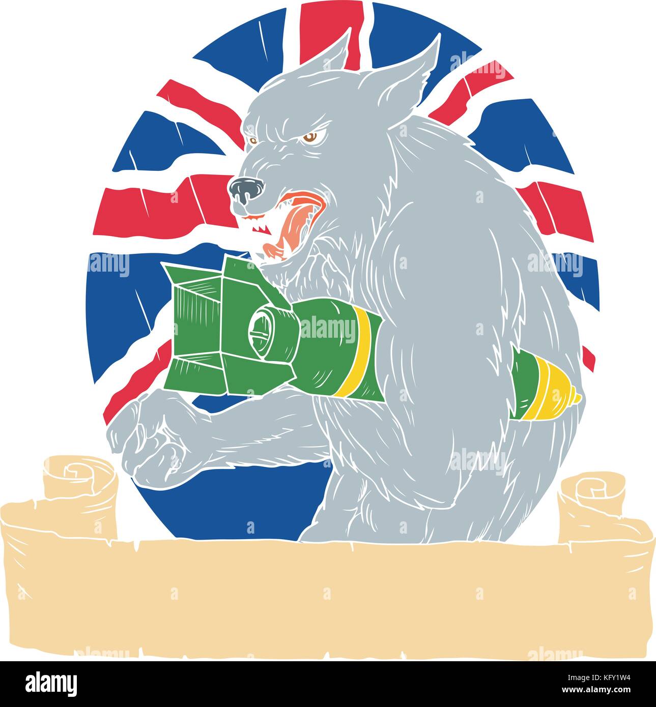 Style croquis dessin illustration d'un Loup gris en colère tenant une bombe iincendiary avec union jack flag en arrière-plan défini à l'intérieur du cercle. Illustration de Vecteur