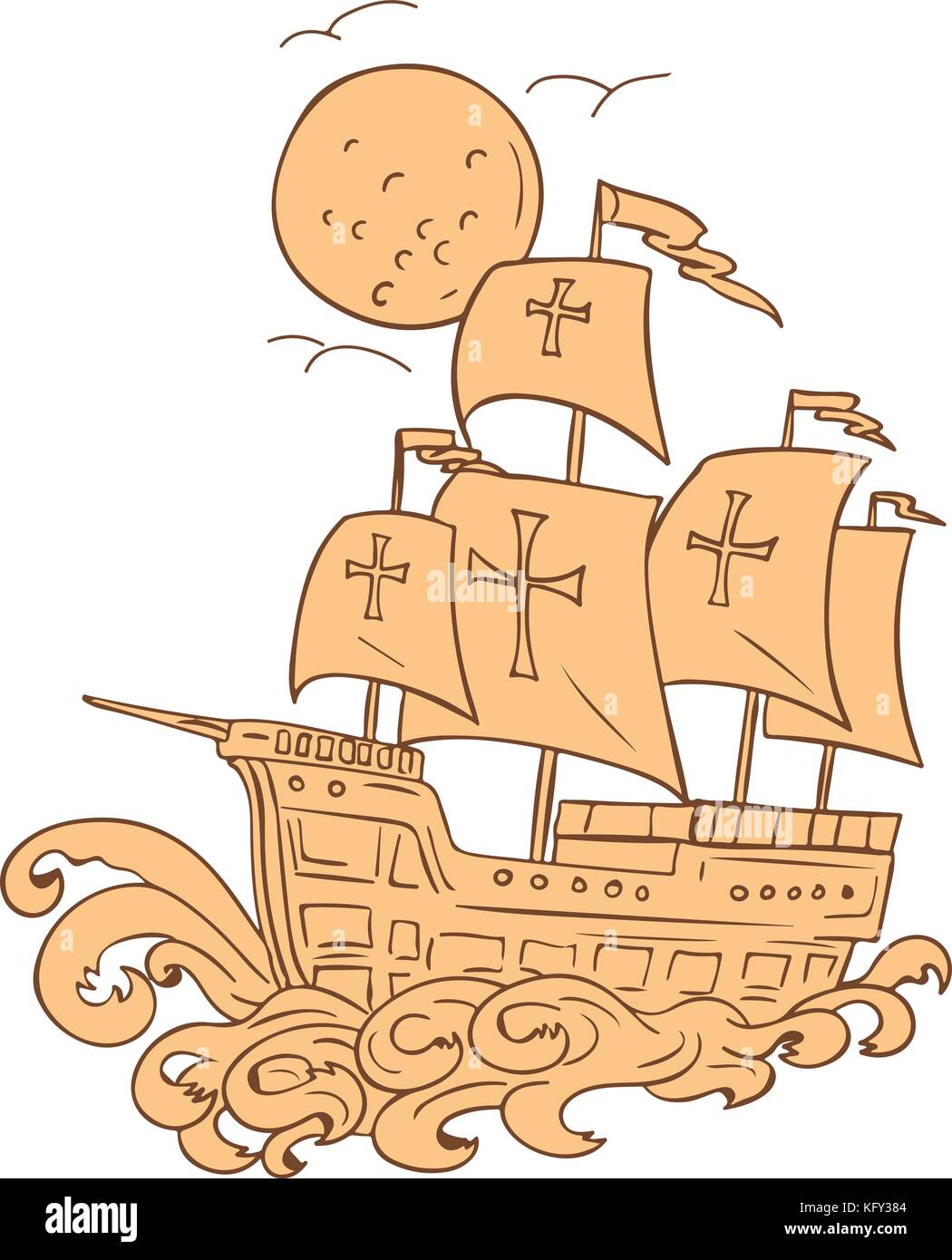 Style croquis dessin illustration d'une caravelle, un petit, rapide espagnol ou portugais voilier de 15l 17ème siècles thð avec la lune en backgroun Illustration de Vecteur
