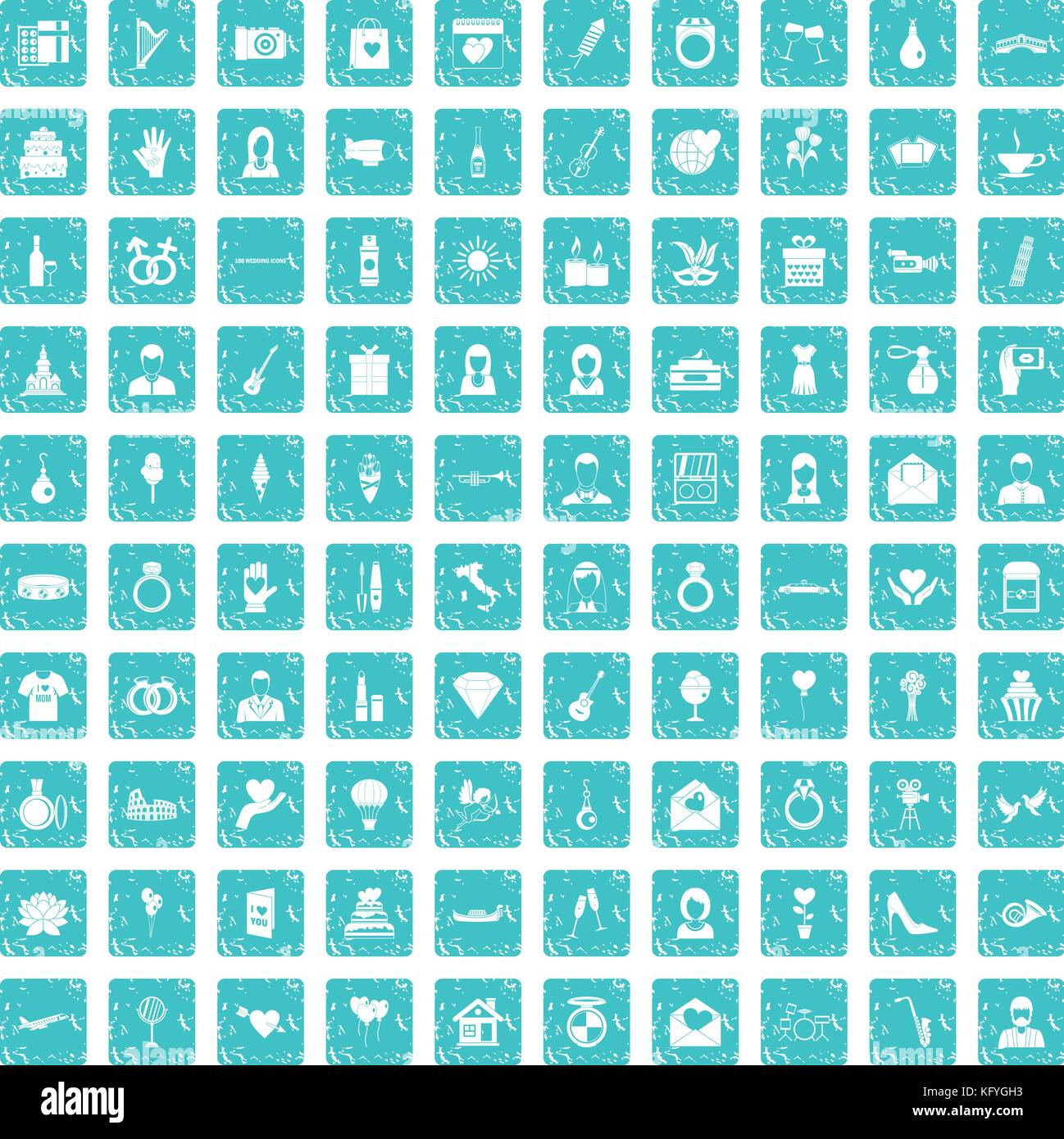 100 icons set mariage bleu grunge Illustration de Vecteur