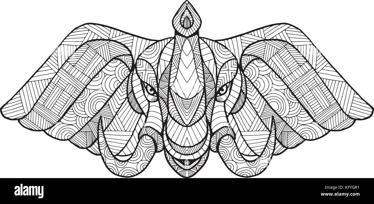 Zentagle inspiré et embrouillé mandala illustration de tête d'un éléphant africain de bull avec bordure en vue de l'avant noir et blanc sur backgoun isolés Illustration de Vecteur