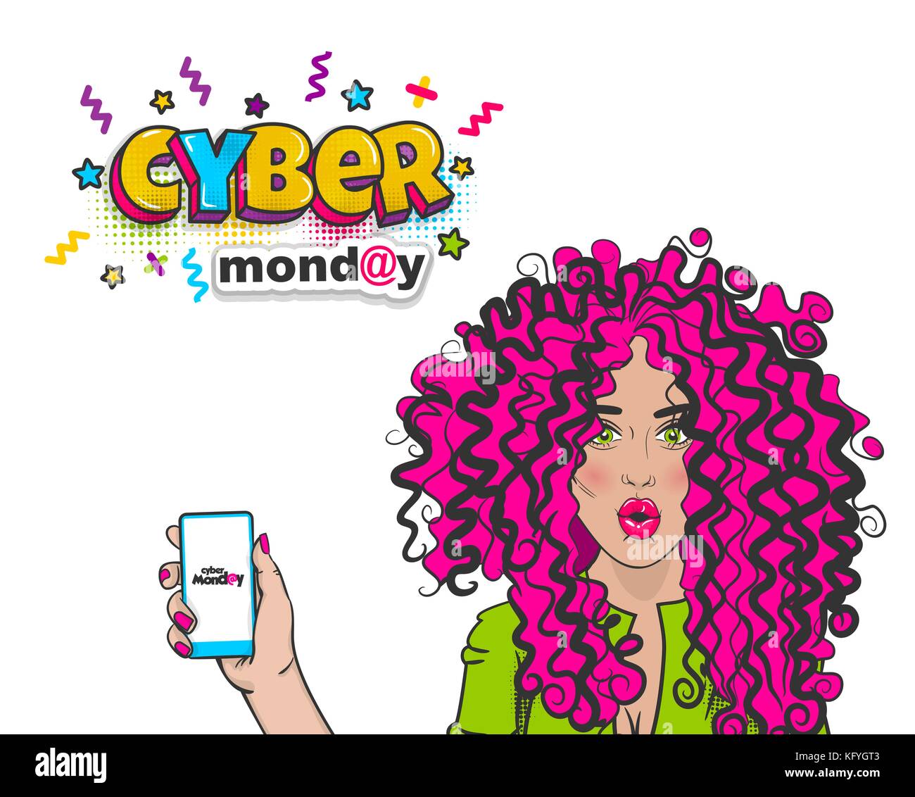 Cyber Monday cute woman téléphone Maintenez pop art Illustration de Vecteur
