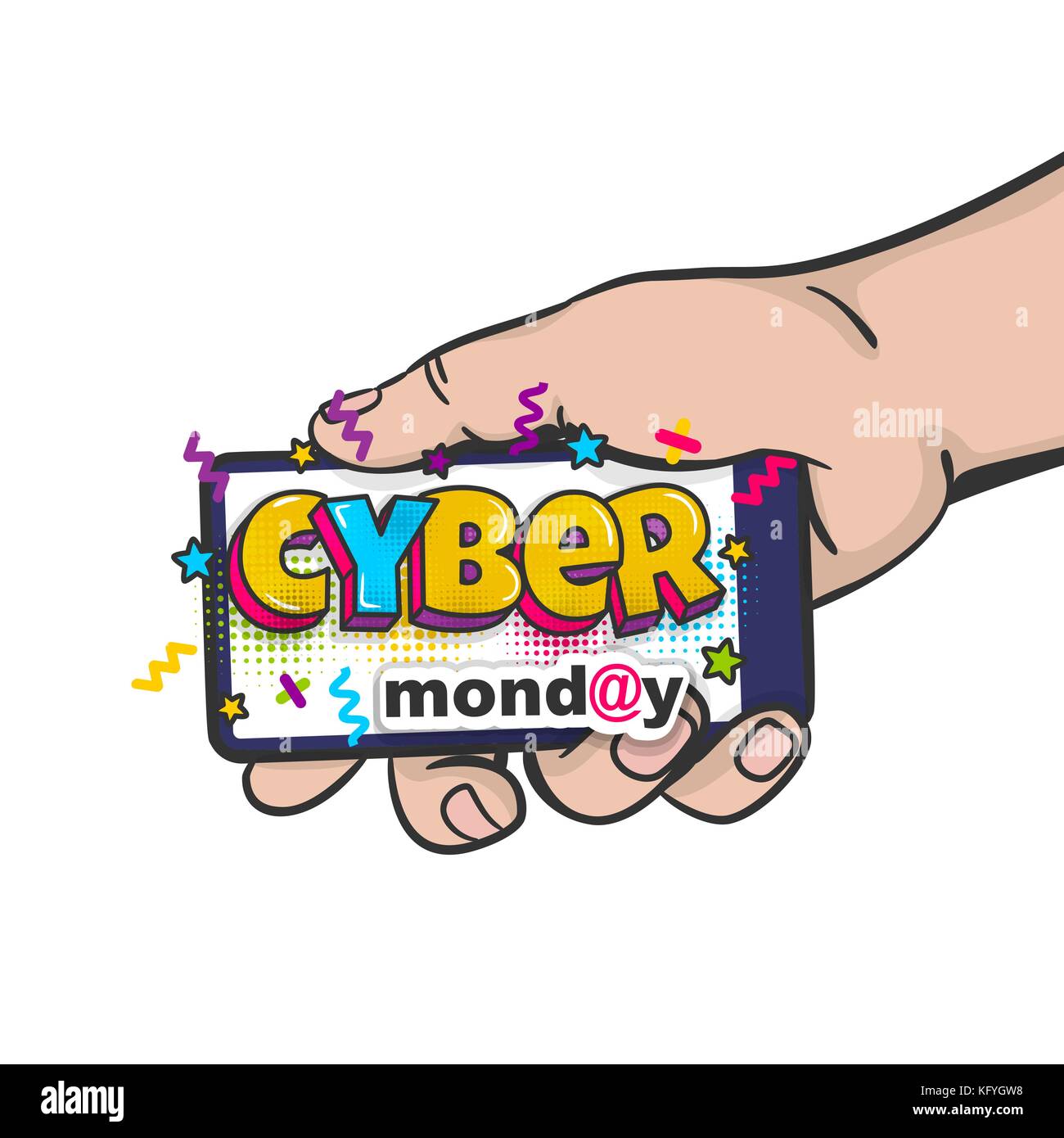 Cyber Monday man main tenir l'art pop phone Illustration de Vecteur