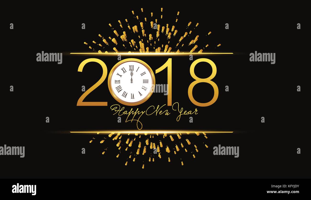 Bonne année 2018 avec l'arrière-plan d'artifice et de l'horloge d'or Illustration de Vecteur