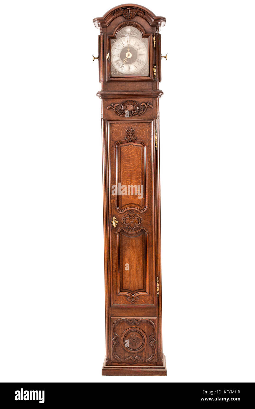 Tambour antique horloge grand-père tête isolé sur un fond blanc. Banque D'Images