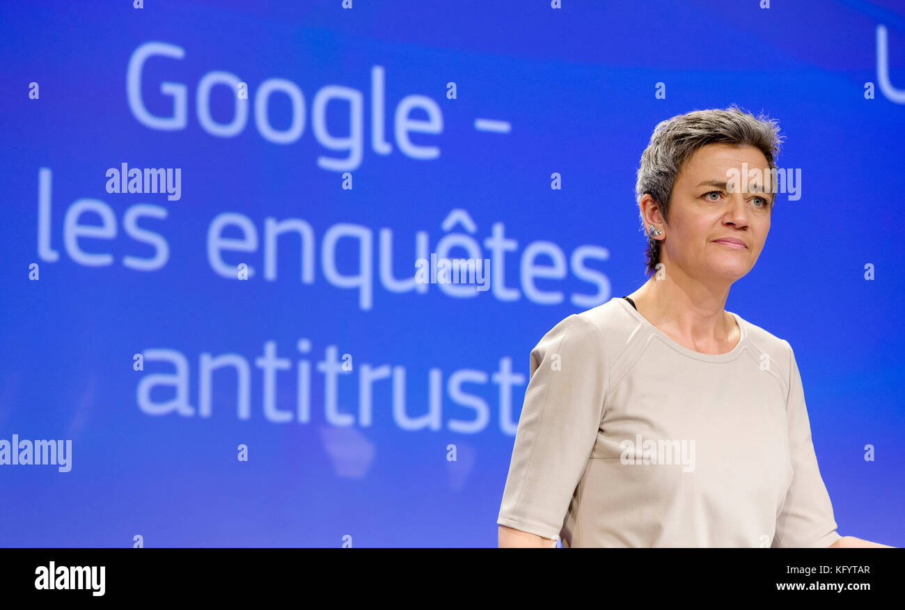 Belgique, Bruxelles : Conférence de presse avec le Commissaire européen à la concurrence Margrethe Vestager après qu'elle a annoncé une enquête pour savoir si aller Banque D'Images