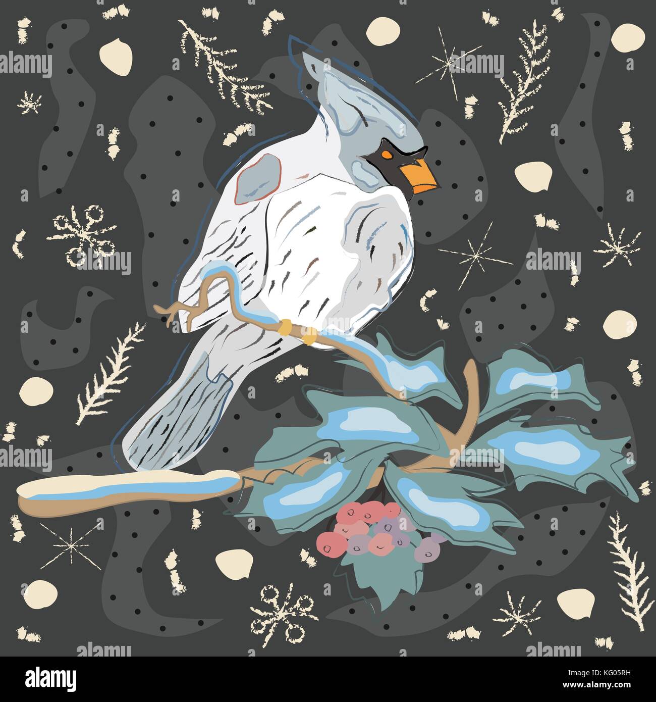 Maison de vacances hiver Carte de souhaits avec mignon oiseau cardinal dessiné à la main sur l'arbre. rowan fond bleu pastel avec des branches d'épinettes et de flocons. Illustration de Vecteur