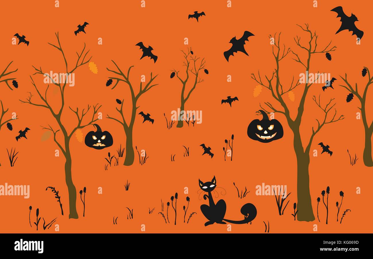 Fond d'halloween avec des silhouettes. motif transparente halloween carte vectorielle., la texture ou l'arrière-plan. vector art. Illustration de Vecteur