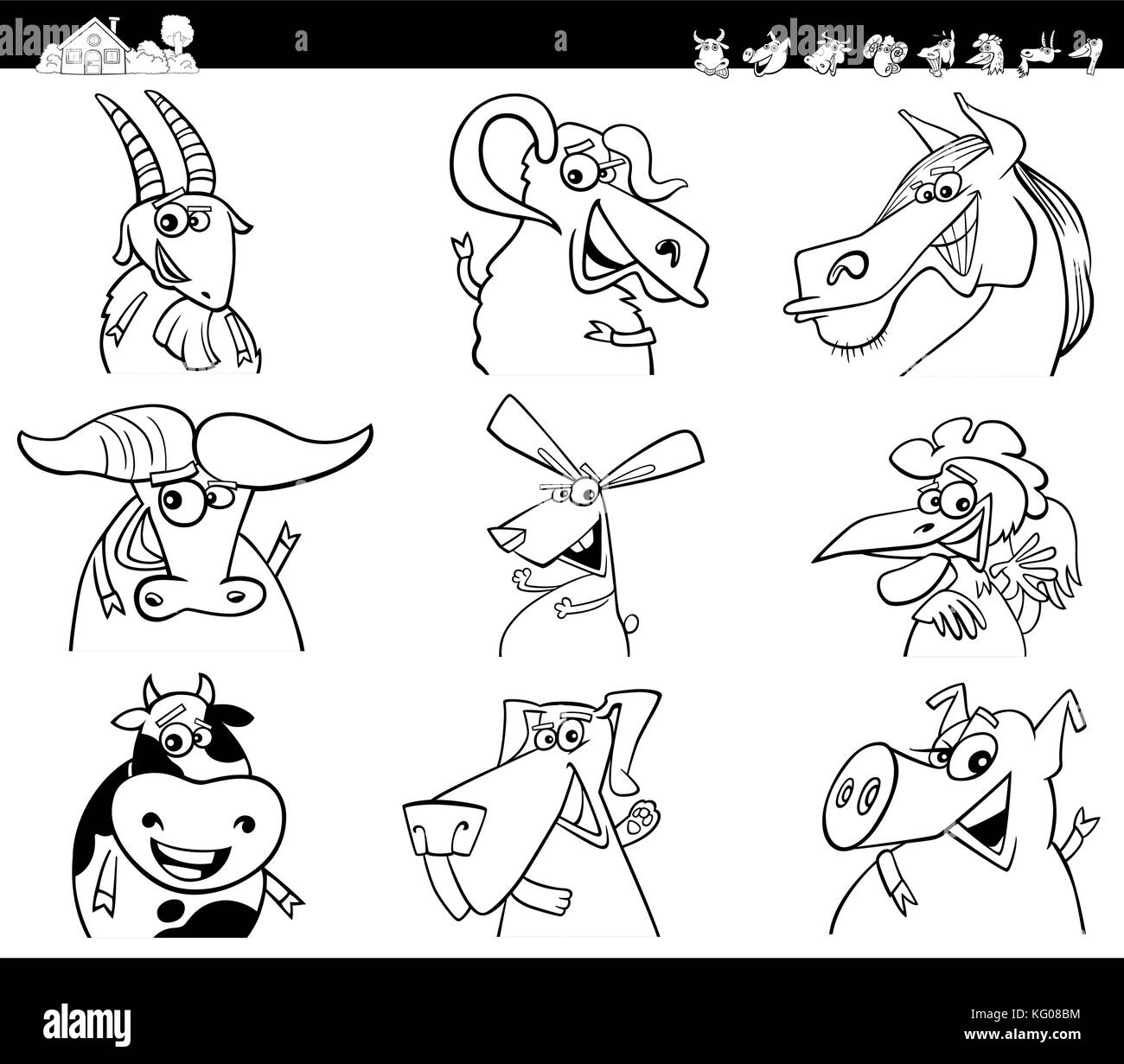Cartoon noir et blanc illustration de funny farm animal livre à colorier Jeu de caractères Illustration de Vecteur