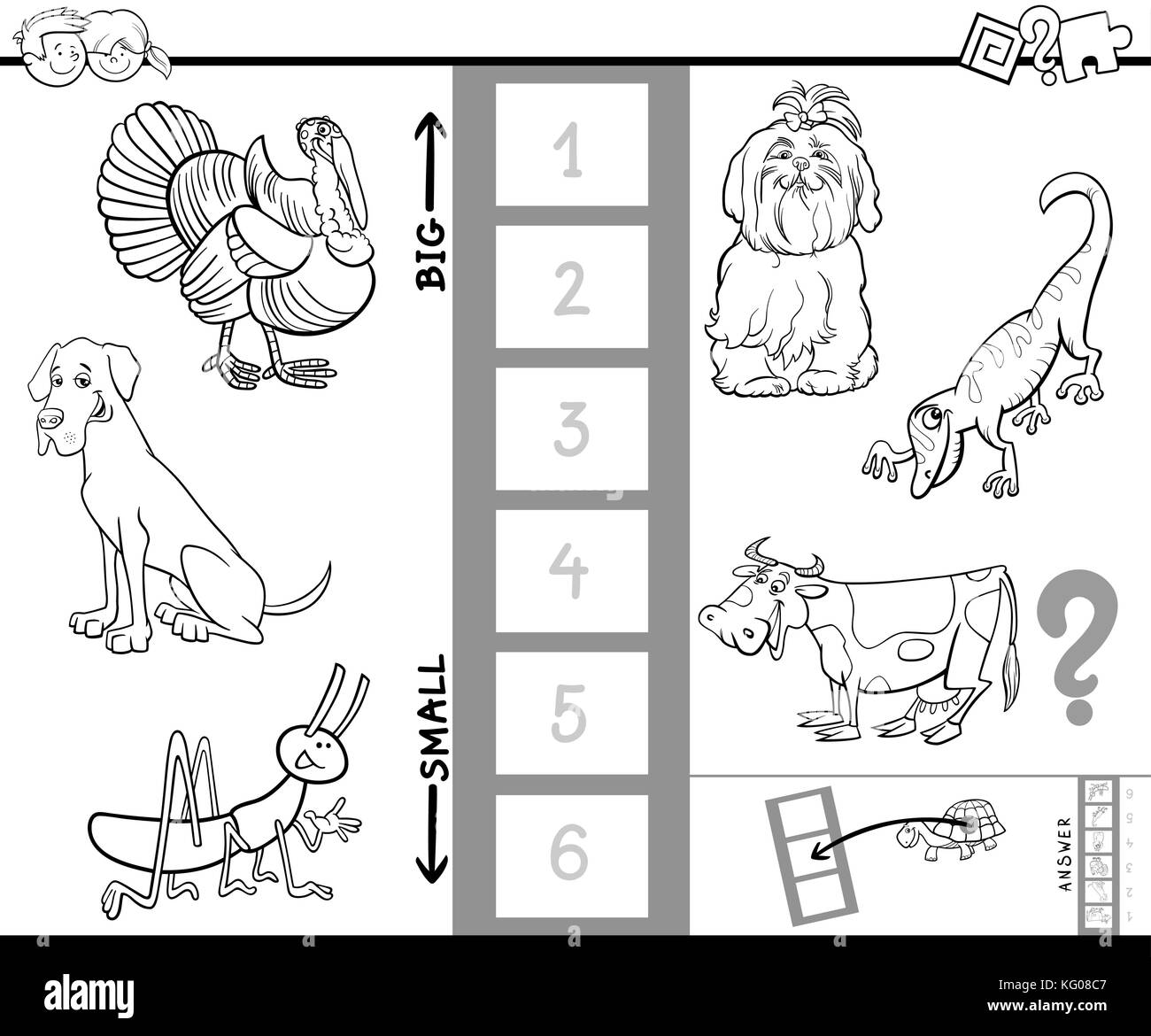 Cartoon noir et blanc illustration de jeu éducatif de trouver la plus grande et la plus petite des caractères des animaux pour les enfants d'âge préscolaire coloring boo Illustration de Vecteur