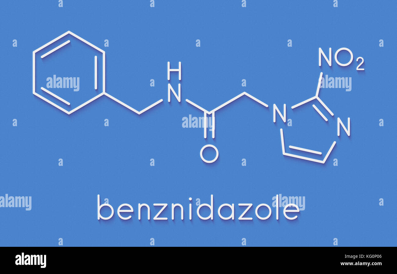 Benznidazole médicament antiparasitaire. molécule utilisée dans le traitement de la maladie de Chagas (Trypanosoma cruzi). formule topologique. Banque D'Images