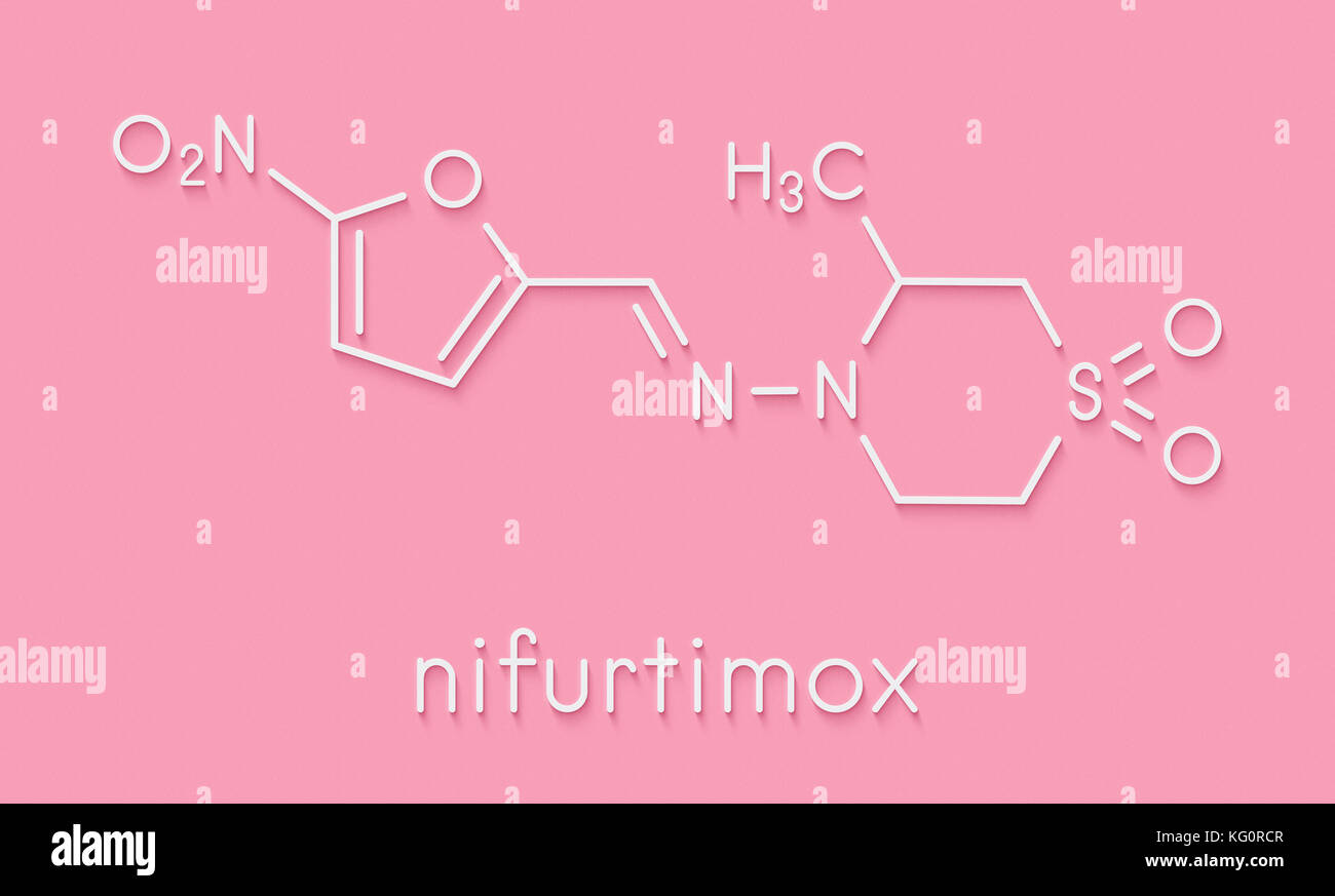 Le nifurtimox. molécule médicament antiparasitaire utilisé dans le traitement de la maladie de Chagas et la maladie du sommeil. formule topologique. Banque D'Images