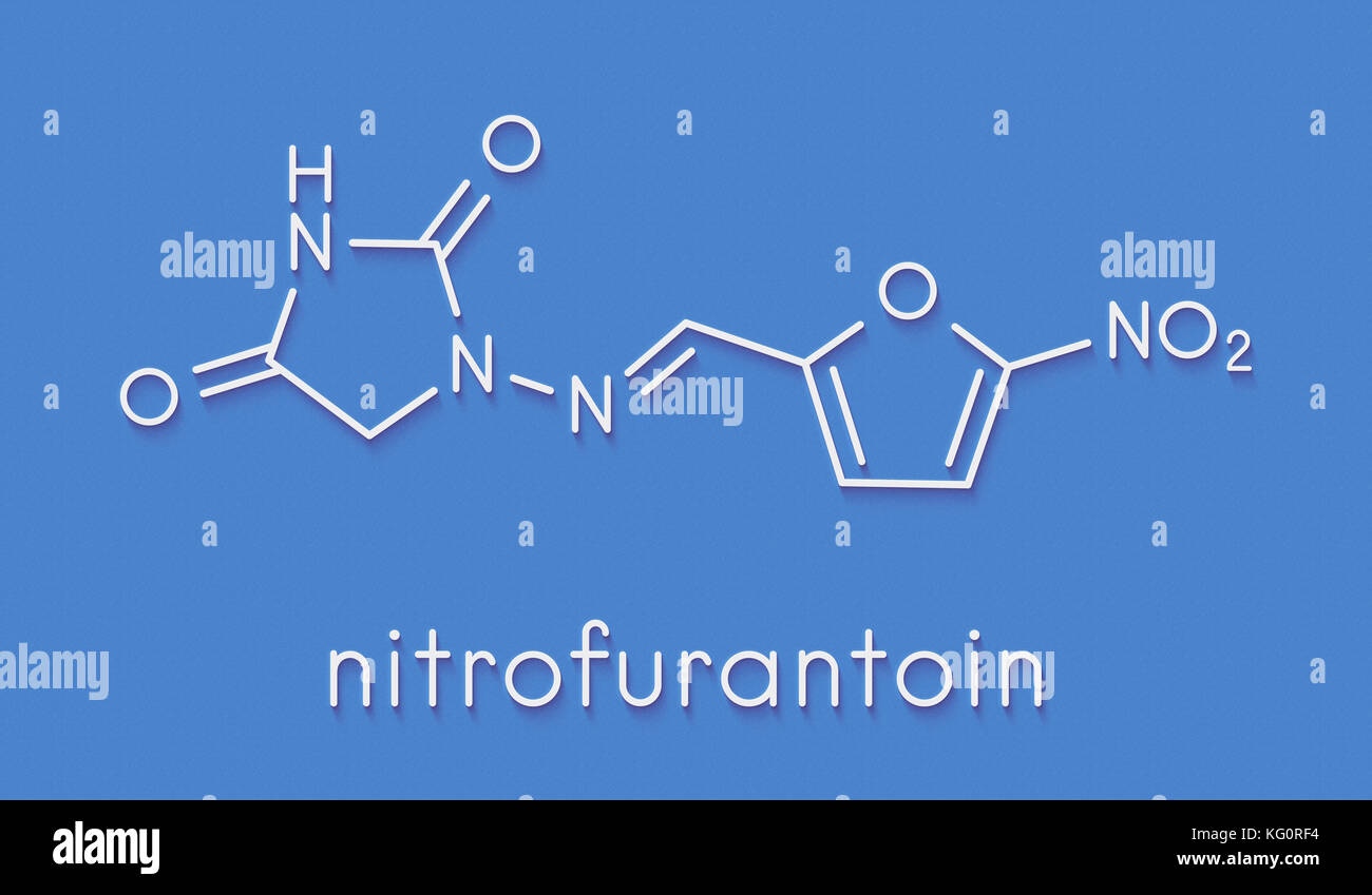 Molécule antibiotique nitrofurantoïne. utilisé pour traiter les infections des voies urinaires (UTI). formule topologique. Banque D'Images