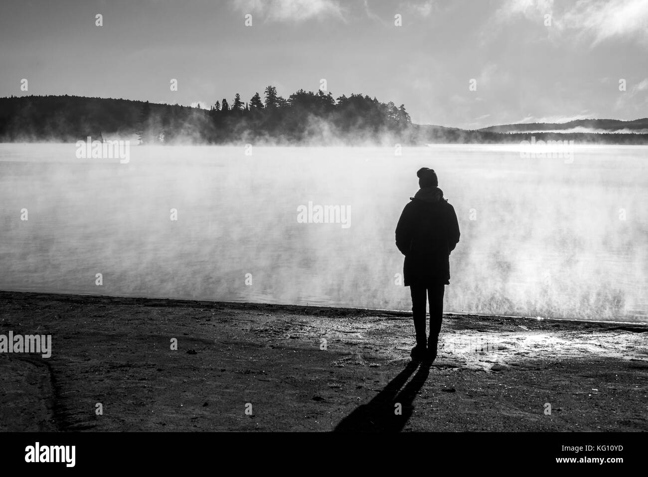 Belle femme debout au lac des deux rivières en algonquin parc national au Canada regarder le lever du soleil avec la brume dans la brume du lac nimbé d'swamp Banque D'Images