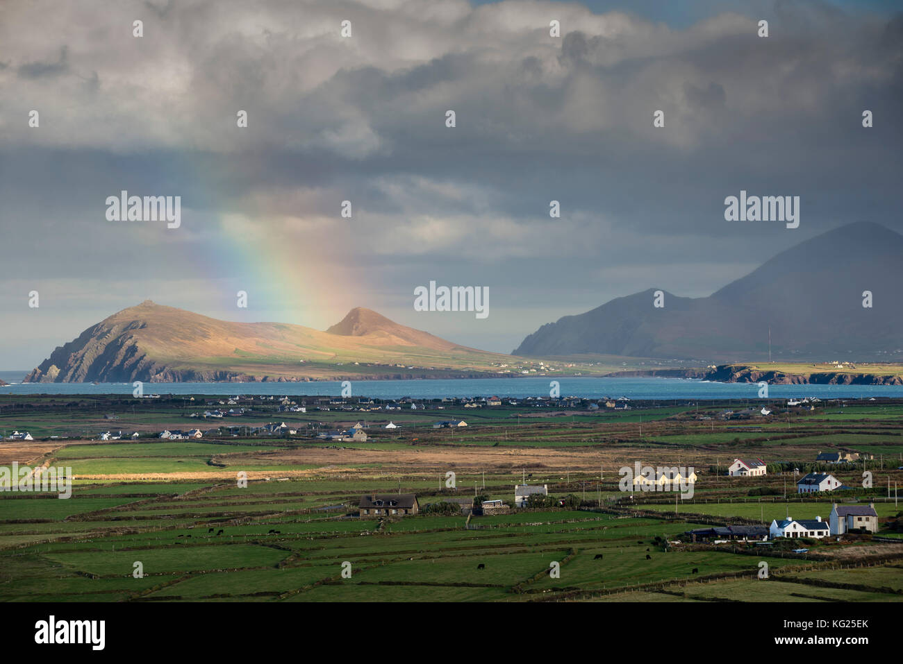 Arc-en-ciel sur des collines et des habitations, en regardant vers Clogher et Rosroe, péninsule de Dingle, comté de Kerry, Munster, République d'Irlande, Europe Banque D'Images