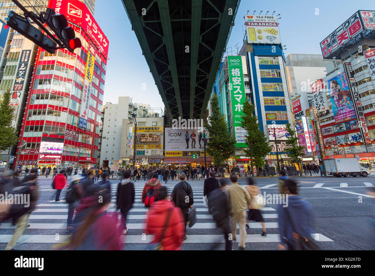 Les enseignes au néon couvrent les bâtiments du quartier de l'électronique grand public d'Akihabara, Tokyo, Japon, Asie Banque D'Images