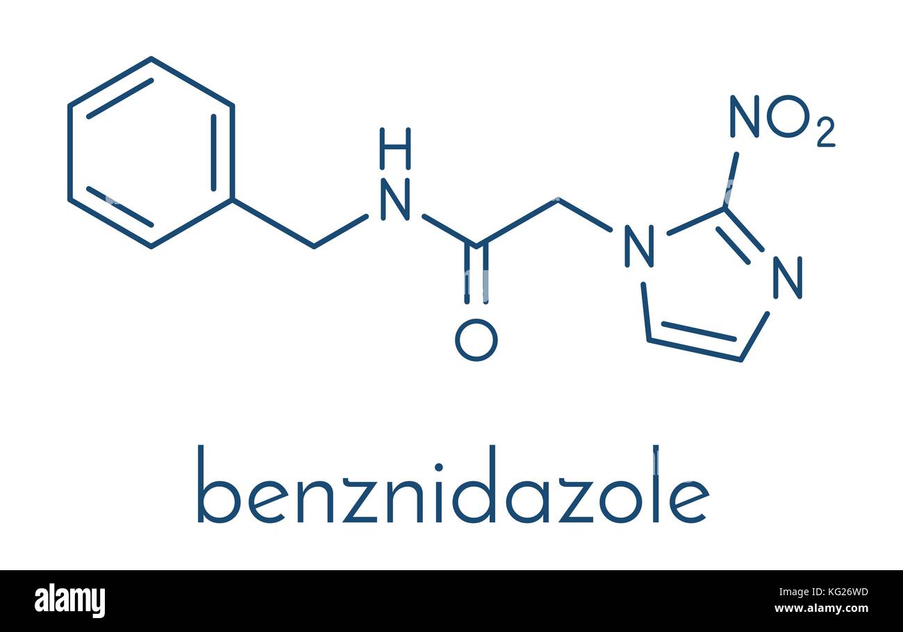 Benznidazole médicament antiparasitaire. molécule utilisée dans le traitement de la maladie de Chagas (Trypanosoma cruzi). formule topologique. Illustration de Vecteur