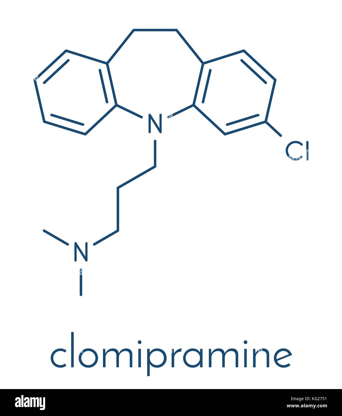 Clomipramine antidépresseur tricyclique. molécule du médicament utilisé dans le traitement de la dépression, le trouble obsessionnel-compulsif, etc. formule topologique. Illustration de Vecteur