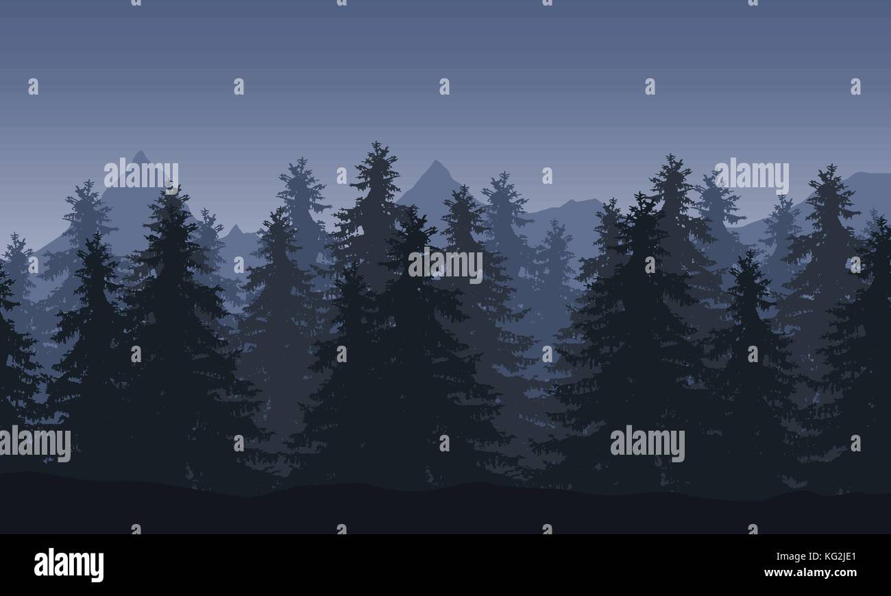 Vector illustration d'un paysage de forêts et de montagnes dans l'arrière-plan sous un ciel gris Illustration de Vecteur